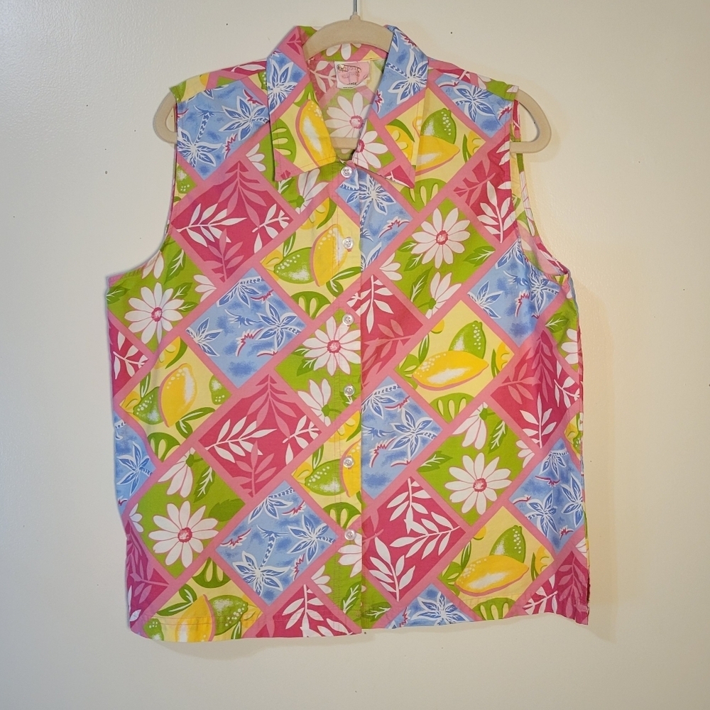 VTG: Casey & Max Women's Large 100% Cotton Sleeveless Fruit Lemons Floral Top